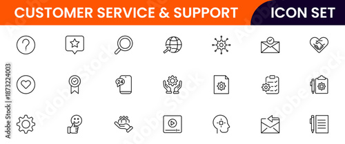 Customer service icons depicting support, assistance, communication, call centers, help desks, satisfaction, feedback, solutions, responsiveness.