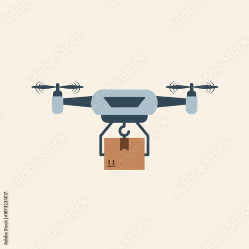 Illustration of a delivery drone carrying a cardboard package with a hook.
