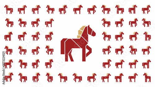 A mosaic of running horses in shades of red and gold, with a central geometric horse illustration