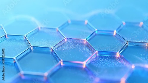 Abstract hexagon grid with glowing blue pink light and connections