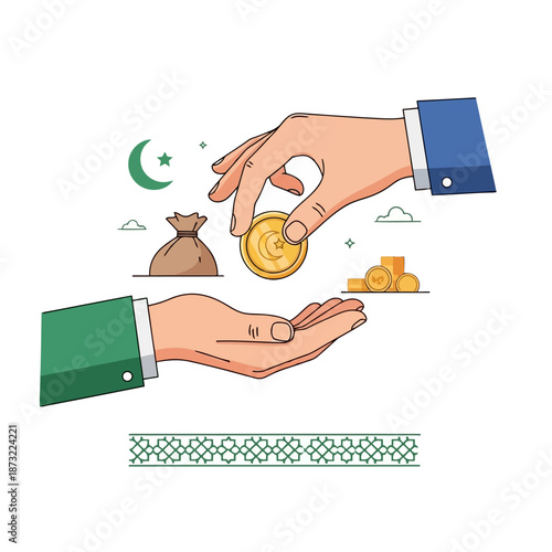 Hands exchanging coins with crescent moon