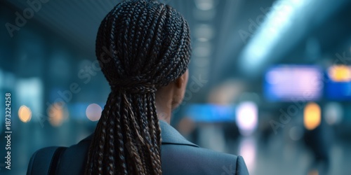 Woman waits at busy airport terminal while looking towards flight information board during evening hours