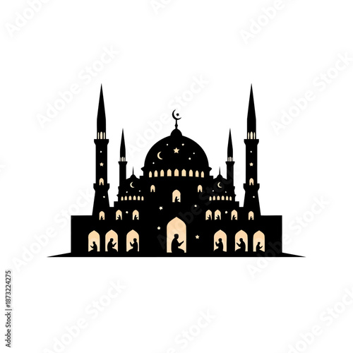 Silhouette mosque with crescent moon