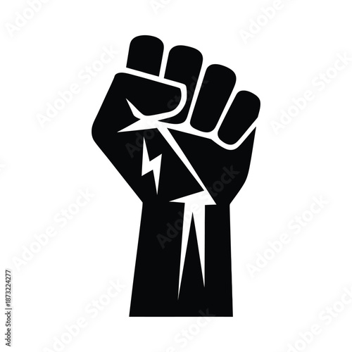 A black silhouette of a raised fist with a lightning bolt symbol