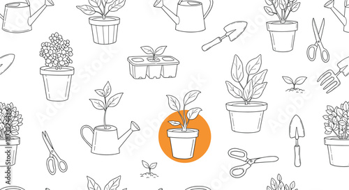 Seamless black and white line art pattern of various gardening tools and potted plants with one pot highlighted in orange.