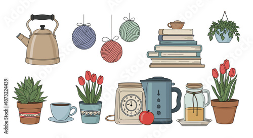 Set of cozy home illustrations including teapots, yarn balls, stacked books, indoor plants, a clock, and warm beverages.