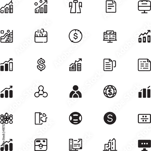 Assortment of Business and Finance Icons Including Graphs, Money, and People Keywords: icon, business, finance, graph, chart, growth, money, dollar, percentage, document, file, computer, monitor