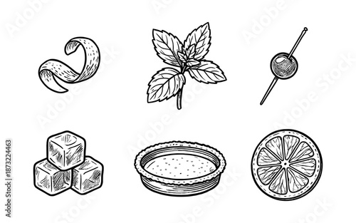 Hand-drawn cocktail garnishes including citrus peel, mint, olive, ice cubes, and lemon slice