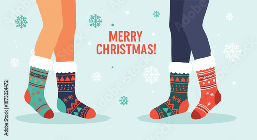 Festive illustration of two people showing off their colorful patterned Christmas socks on a light blue background with snowflakes.