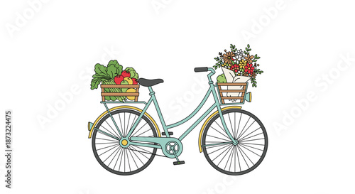 Vintage style light blue bicycle equipped with front and rear wooden baskets filled with fresh flowers and colorful vegetables.