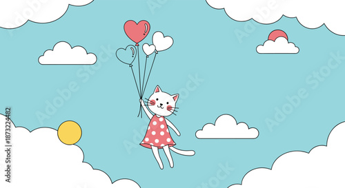 Cute white cartoon cat wearing a red polka dot dress flies through the blue sky holding onto colorful heart balloons.