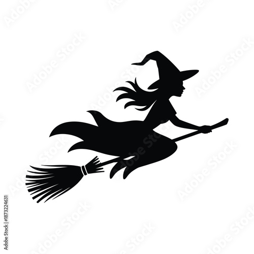Silhouette of a witch flying on a broomstick against a white background