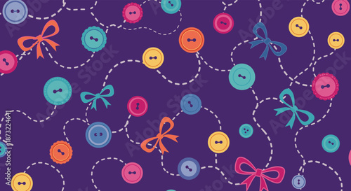 Fun and colorful seamless pattern of buttons and bows connected by dashed lines on a dark purple background.