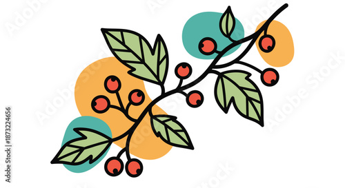 Artistic illustration of a wild berry branch with green leaves and red berries set against abstract colorful shapes.