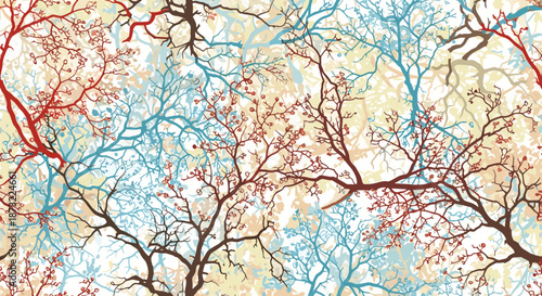 Vibrant seamless pattern of intricate tree branches in red, blue, and brown tones overlapping on a white background.