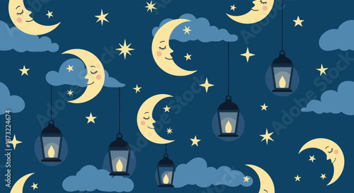 Night sky seamless pattern with cute crescent moons, glowing lanterns, and twinkling stars on dark blue background.