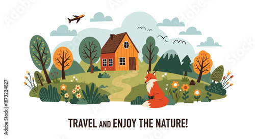 Peaceful nature scene with a small wooden cabin in the hills, a red fox, wildflowers, and mountains in the distance.