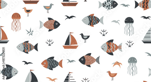Seamless nautical pattern featuring various fish, sailboats, jellyfish, anchors, and seagulls in muted tones on white.