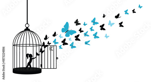 Symbolic silhouette of a girl inside a birdcage reaching out to release a swarm of blue and black butterflies.