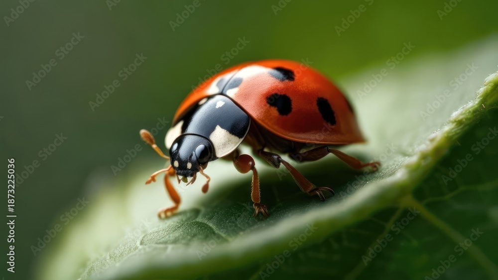 Fototapeta premium Ladybug on green leaf close-up