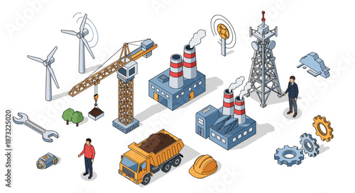 Comprehensive set of isometric industrial icons featuring factories, wind turbines, construction cranes, and workers.