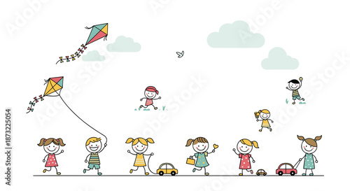 Playful illustration of happy stick figure children running, playing with kites, and pulling toy cars outdoors.