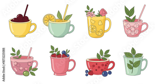 Assorted collection of colorful tea mugs and coffee cups filled with fresh berries, fruits, and green herbal leaves.