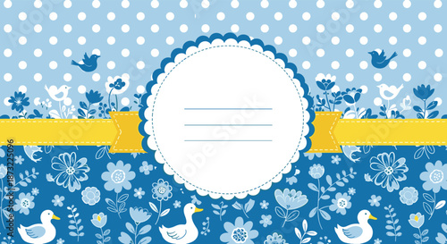 Cute baby-themed background or label with a floral and duckling pattern, white polka dots, and a central round frame.