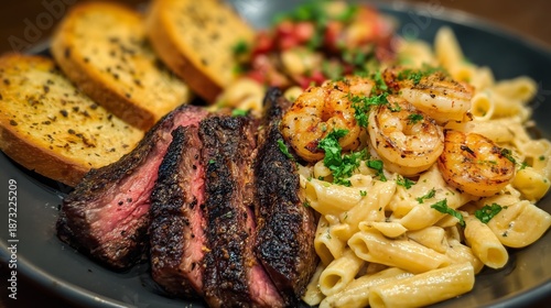 Delicious steak and shrimp dish served with pasta and garlic bread on a black plate