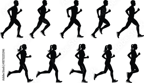 Running Athlete Silhouettes Jogging Men and Women Collection for Fitness Training CAD Drawings Flat Vector Illustration Sport Health Nature Set