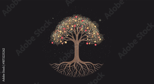 Majestic tree of life illustration with deep intricate roots and a canopy of golden leaves and fruit against night sky.