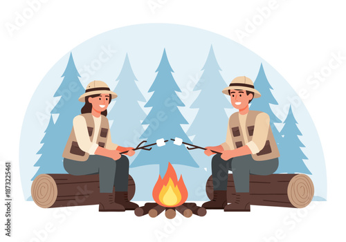 Happy couple enjoys roasting marshmallows over a campfire in a serene forest setting, embracing outdoor leisure activities