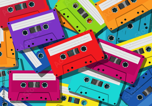 A vibrant and colorful collection of retro cassette tapes scattered across a surface, evoking nostalgia