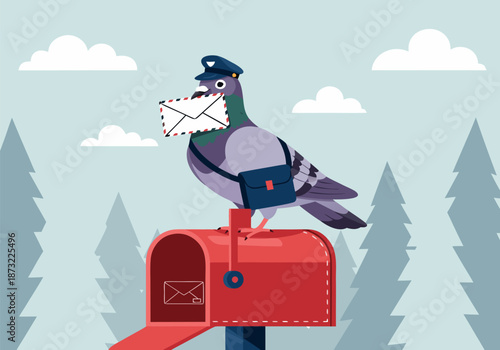 Whimsical illustration of a diligent postman pigeon delivering an important letter, perched on a classic red mailbox, embodying traditional reliable communication