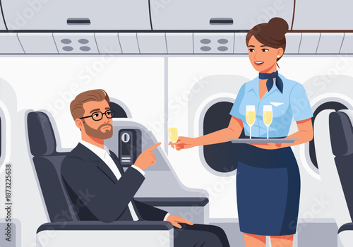 Business class flight attendant serving champagne to a passenger in a luxury airplane cabin