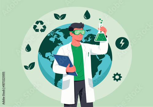 Scientist conducting research on environmental conservation with eco-friendly symbols and globe illustration