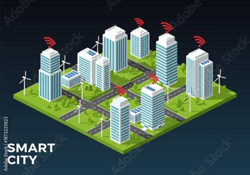Isometric illustration of a smart city with skyscrapers, wind turbines, and solar panels, connected by wireless technology