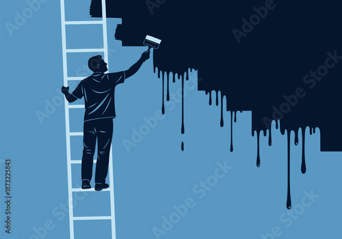 A person on a ladder paints a wall with black paint, creating dripping effects