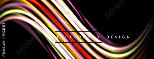 Abstract colorful lines create dynamic wave pattern. Black background emphasizes vibrant streaks, modern design element.