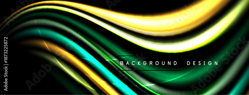Abstract flowing lines, dark background. Green, gold hues create dynamic wave effect. Modern design element.