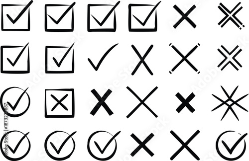 Collection of black ink brush stroke tick and x icons for validation
