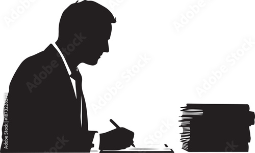 Silhouette of a businessman in a suit writing at a desk with a stack of books Keywords: businessman, silhouette, writing, desk, books, suit, tie, pen, paper, study, work, office, professional