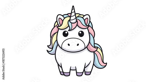 Chubby White Unicorn Vector Illustration with Rainbow Pastel Mane