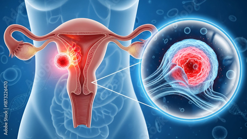 Uterus cancer medical illustration showing tumor inside female reproductive organ with cells and tissue for healthcare diagnosis treatment research and modern clinical science