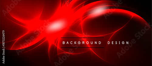 Red abstract design. Dynamic curves, glowing lines create energetic visual impact. Background features bold text elements.