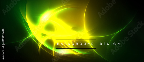 Bright yellow, green energy flows. Abstract light streaks create dynamic visual impact against dark backdrop. Modern design element.
