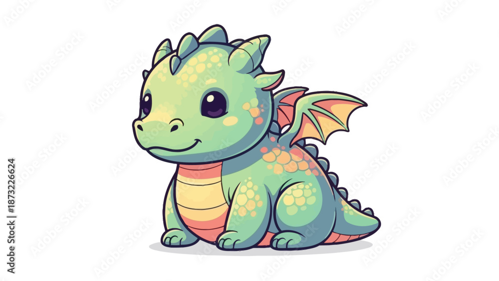 Fototapeta premium Cute Little Green Dragon Vector Illustration with Wings and Friendly Smile