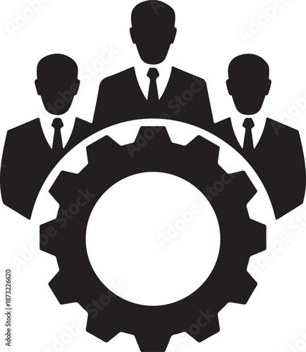 Three businessmen silhouettes above a large gear symbolizing teamwork and industry Keywords: business, teamwork, industry, gear, cogwheel, collaboration, men, silhouettes, suits, ties, corporate