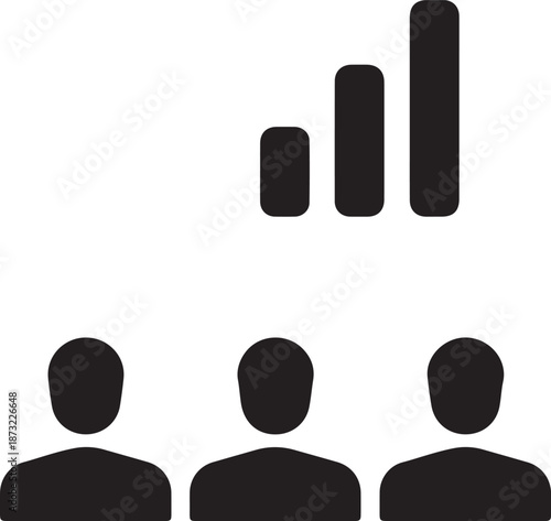 Three simple human figures below a bar graph icon on a white background Keywords: people, figures, silhouettes, bar graph, chart, data, statistics, analysis, group, team, meeting, presentation