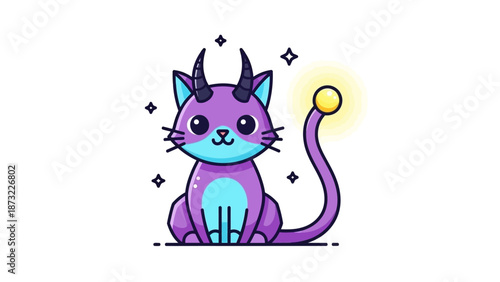 Fantasy Purple Cat Character with Horns and Glowing Tail Tip Illustration